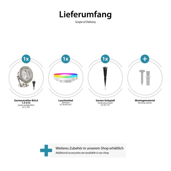 Gartenstrahler BULA mit Erdspieß für außen, Edelstahl + RGB Leuchtmittel warmweiß - kaltweiß (2900 - 6200) VIP-Rabatte