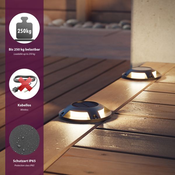 LED Solar-Bodenleuchte BUNSO für außen, IP65, Kunststoff, rund, 120 mm Ø, warmweiß Kostenlose Rückgabe