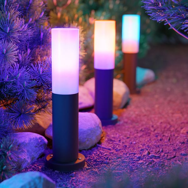 Pollerleuchte PORU, Glas, mit Erdspieß für außen, edelstahl, rund, 38,5cm, inkl. Smart Home RGBW E27 LED Lampe, 892lm (Farbe, Mit Kabel wählbar) Letzte 3 Tage