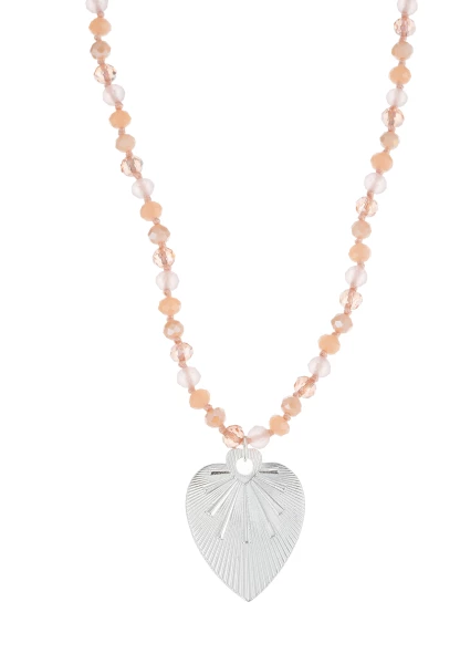 Leslii Lange Kette Herz Glasperlen Edelstahl Silber Beige Schlussverkauf