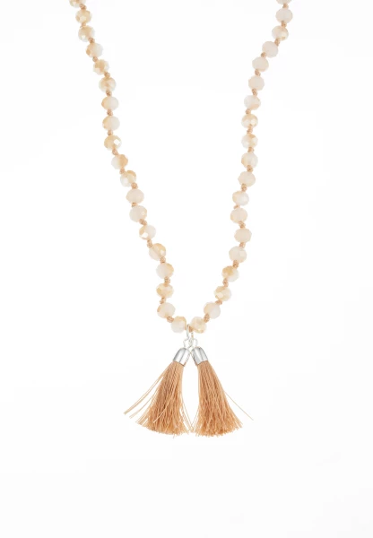 Leslii Lange Kette Tassel Glasperlen Edelstahl Silber Beige Günstiger Verkauf