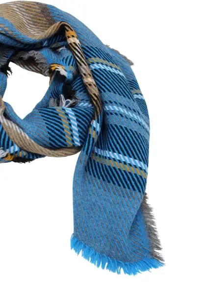 -50% SALE Leslii Schal Streifen-Muster blauer Schal Fransen-Schal gemustert in Blau Schwarz Outlet