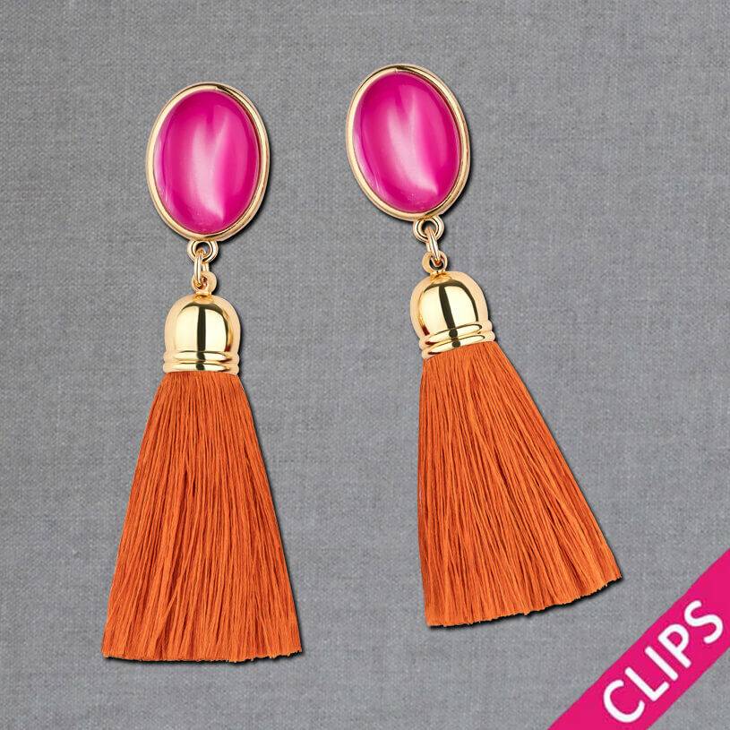 SchwesterSchwester Vergoldete Ohrclips in Pink mit Quaste in Rostorange von AmuseToi Fabrikverkauf
