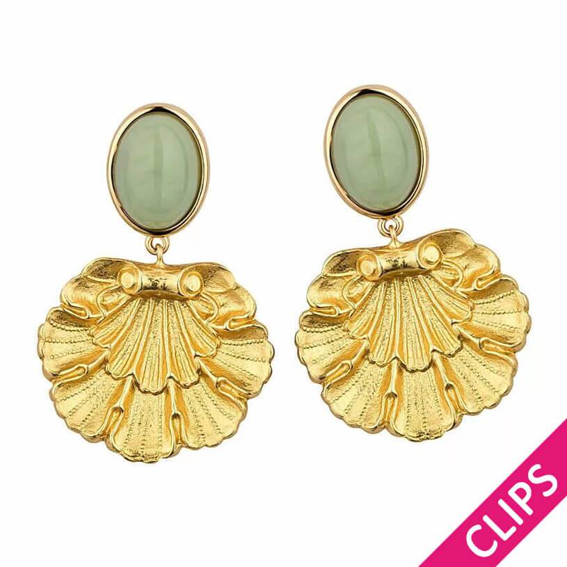 SchwesterSchwester Vergoldete Ohrclips in Jadegrün mit goldenem Muschelornament von AmuseToi Blitzverkäufe