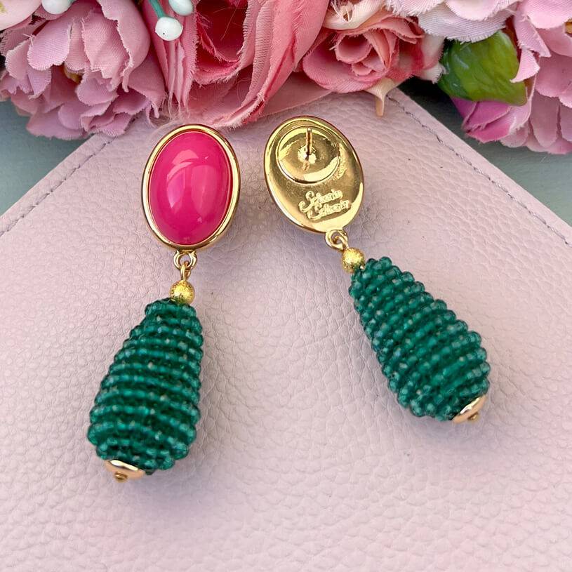 SchwesterSchwester Pinkfarbene Ohrstecker mit glitzerndem dunkelgrünen Tropfen von AmuseToi 50% Rabatt mit kostenlosem Versand