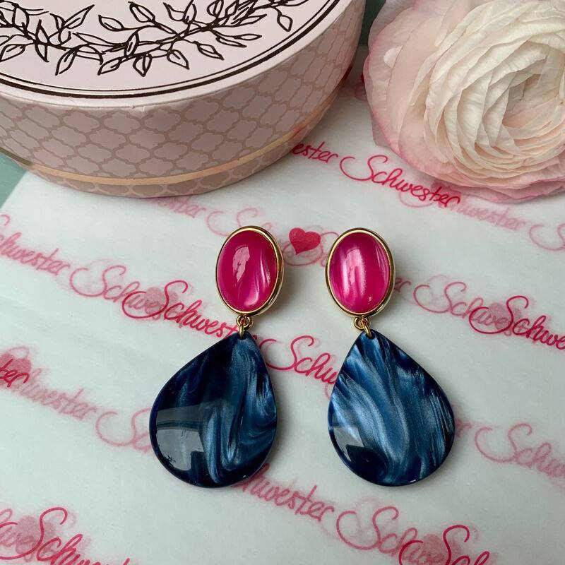 SchwesterSchwester Pinke Ohrstecker mit dunkelblauen Tropfen von AmuseToi Großer Ausverkauf