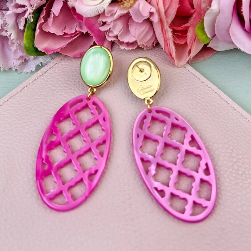 SchwesterSchwester Vergoldete Ohrstecker in wunderschönem Hellgrün mit Oval in Pink im Marrakesch-Stil Saisonschlussverkauf