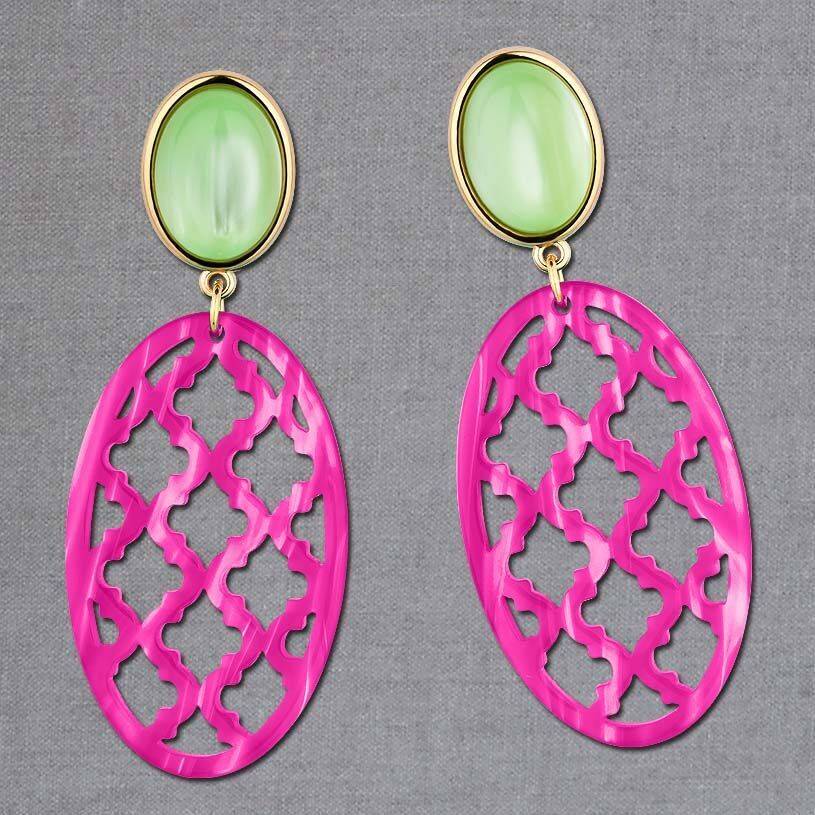 SchwesterSchwester Vergoldete Ohrstecker in wunderschönem Hellgrün mit Oval in Pink im Marrakesch-Stil Saisonschlussverkauf
