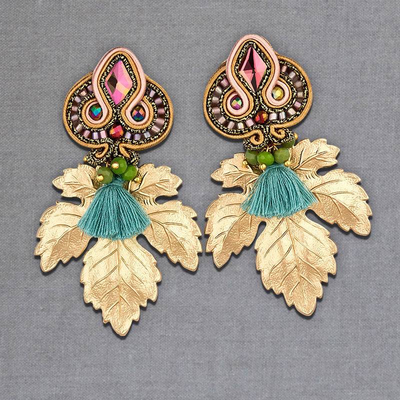SchwesterSchwester Rosafarbene Soutache-Ohrstecker kleinen hellblauen Quasten und goldenen Blättern Tiefpreis