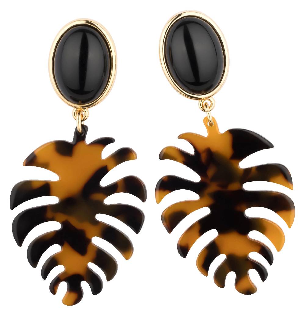 SchwesterSchwester Schwarze Ohrstecker mit schildpattfarbenem Monstera-Blatt von AmuseToi Sonderangebot
