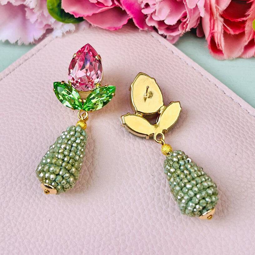 SchwesterSchwester Funkelnde Ohrstecker in Rosa und Grün mit glitzernden Tropfen in Hellgrün Blitzangebot